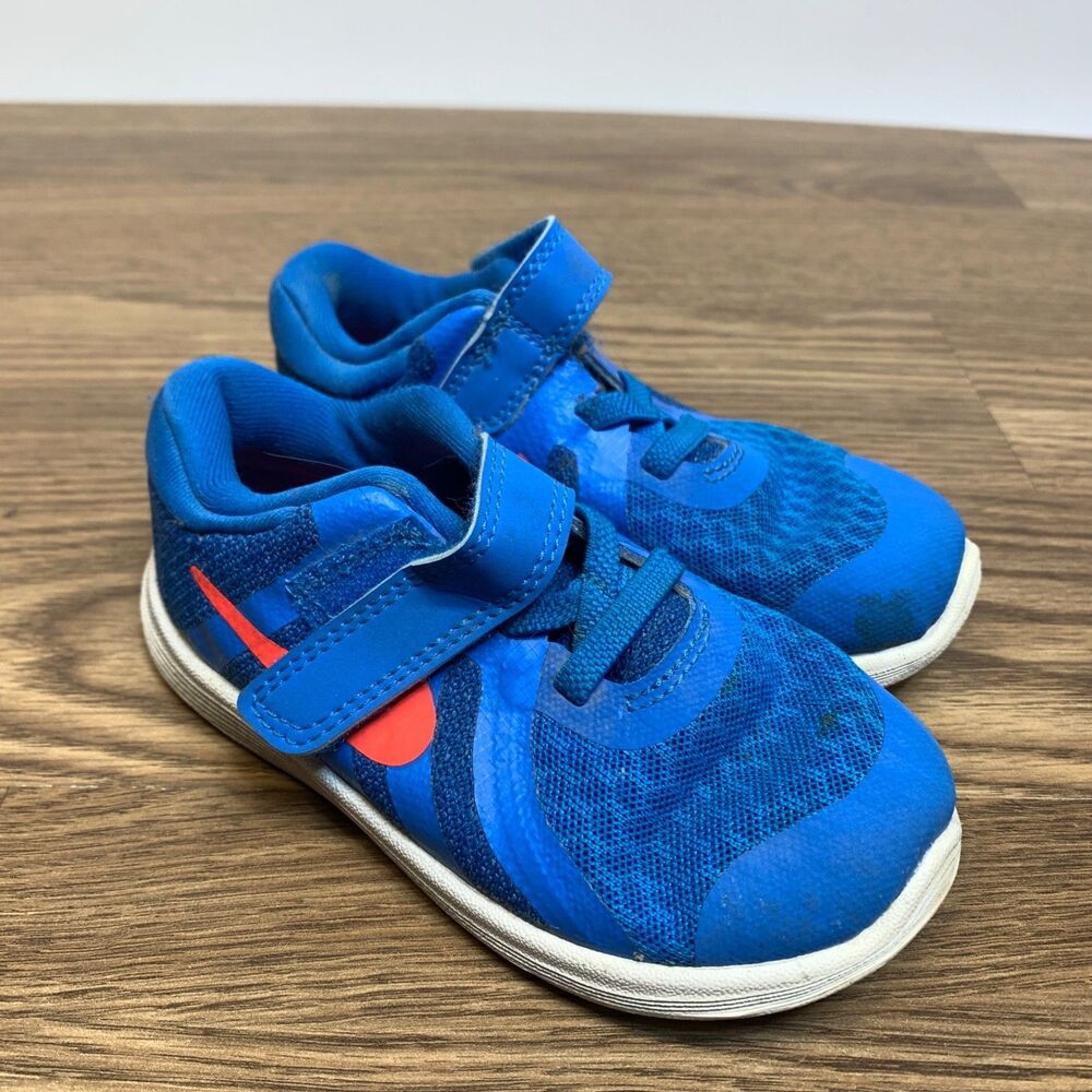Nike Kids Revolution 4 Blue Red Sneakers Size 8C Hook & Loop Running Shoes‎